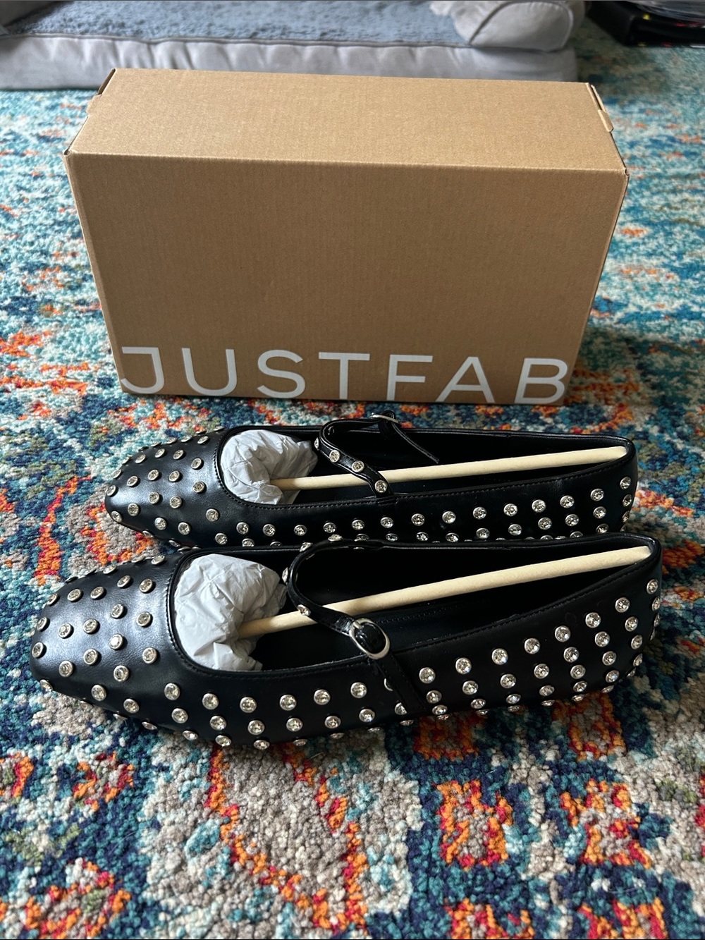 JustFab Black Studded Mary Jane Flats with Silver Accents